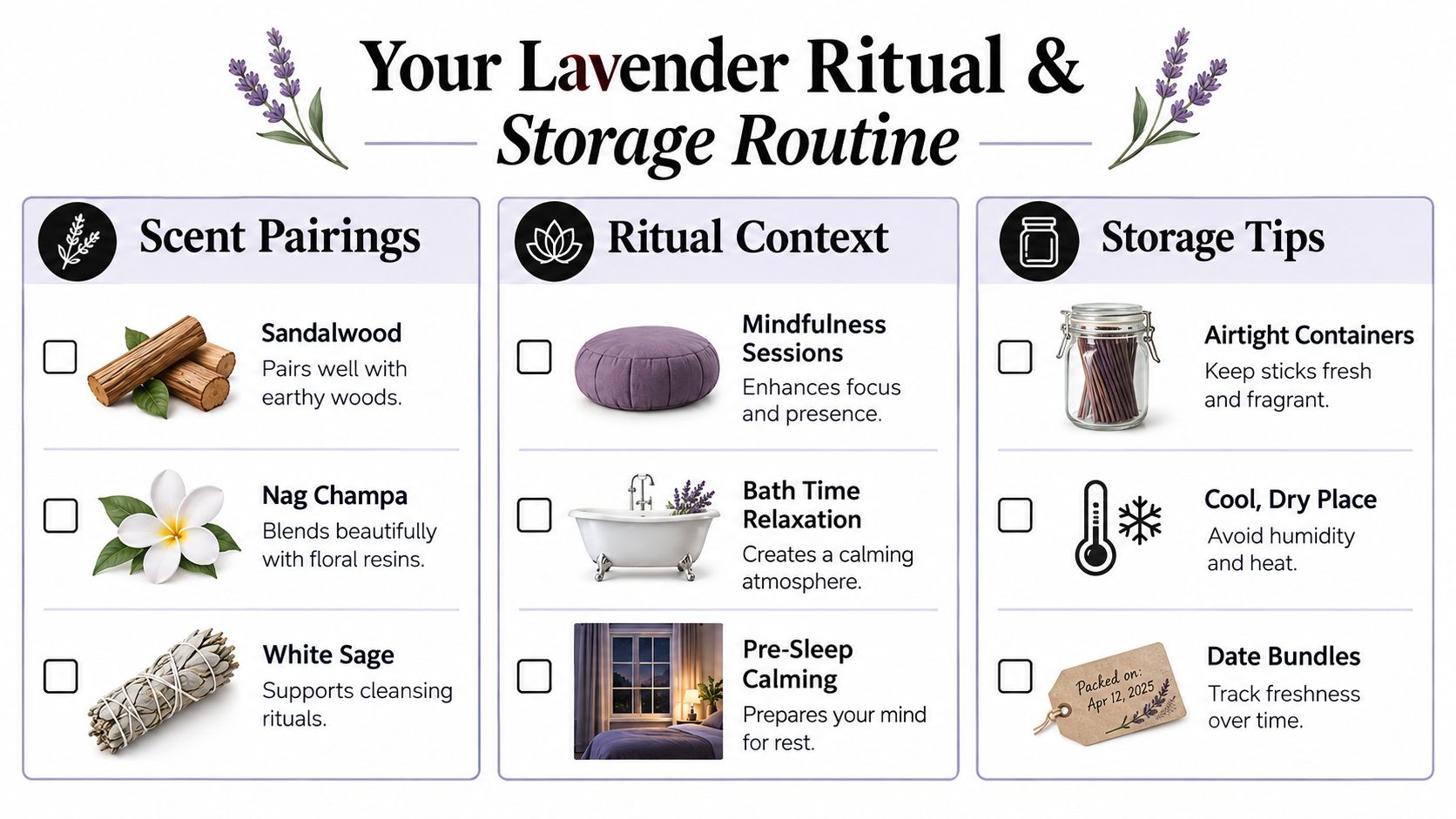 An infographic titled Your Lavender Ritual and Storage Routine featuring scent pairings, ritual contexts, and storage tips.