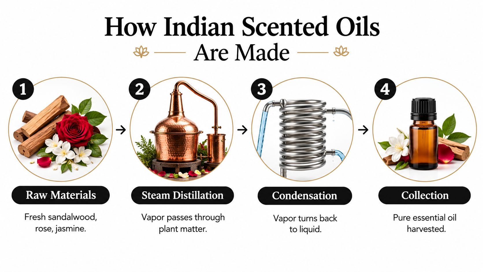 An infographic illustrating the four-step process of producing Indian scented oils through steam distillation.