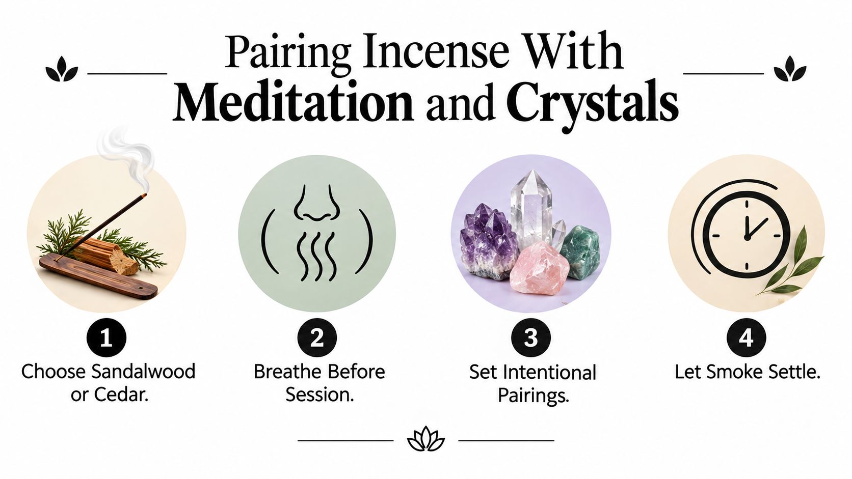 A four-step infographic showing how to pair incense with meditation and crystals for a mindful practice.