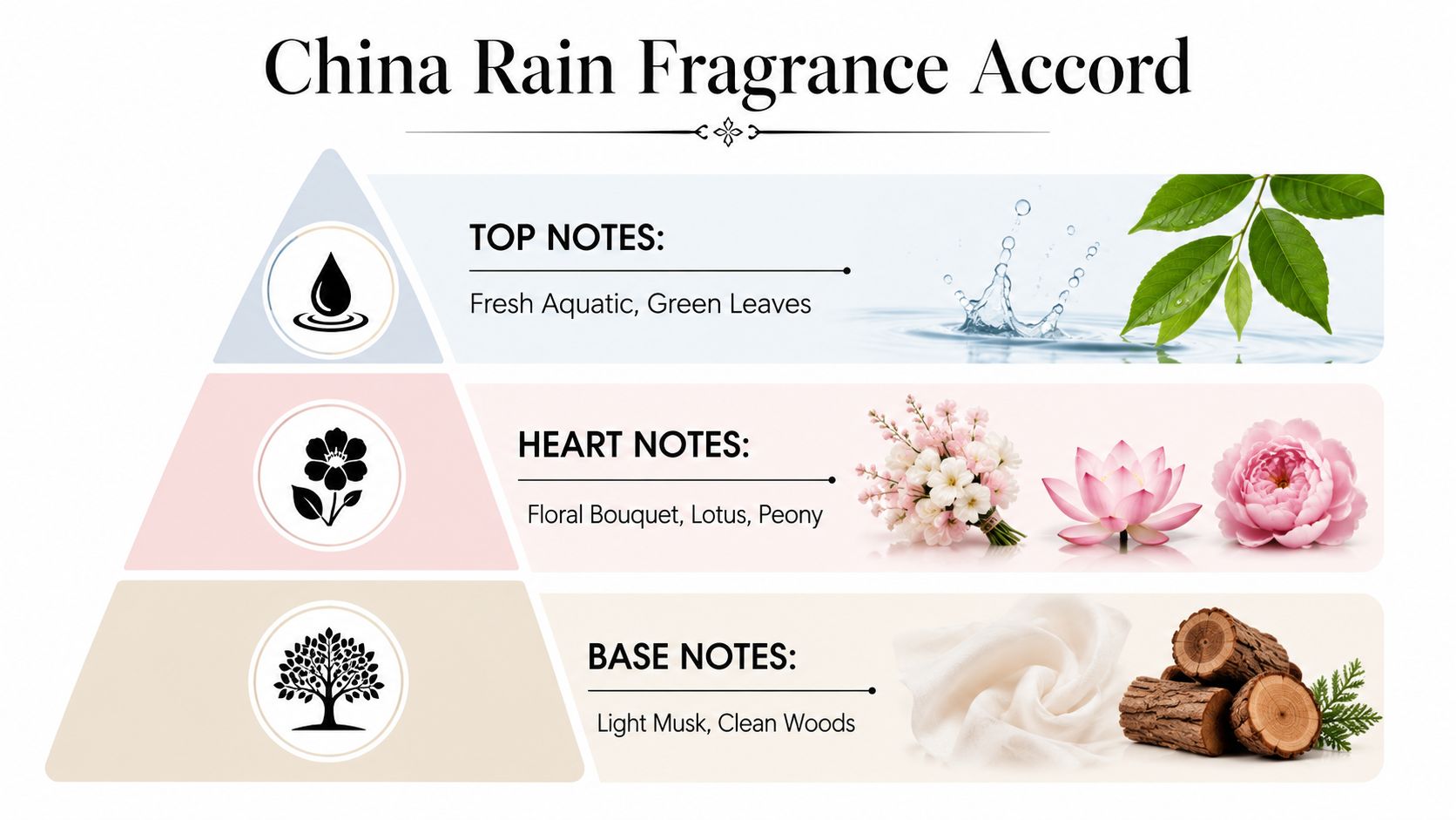 A visual fragrance pyramid for China Rain, detailing top, heart, and base notes with illustrative imagery.