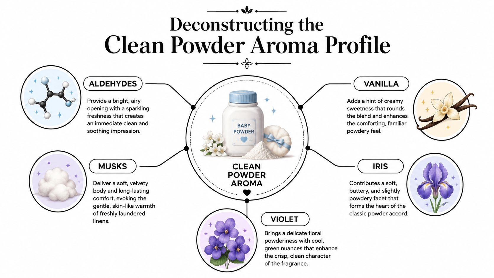 An infographic detailing the scent profile of clean baby powder fragrance with floral and musky components.