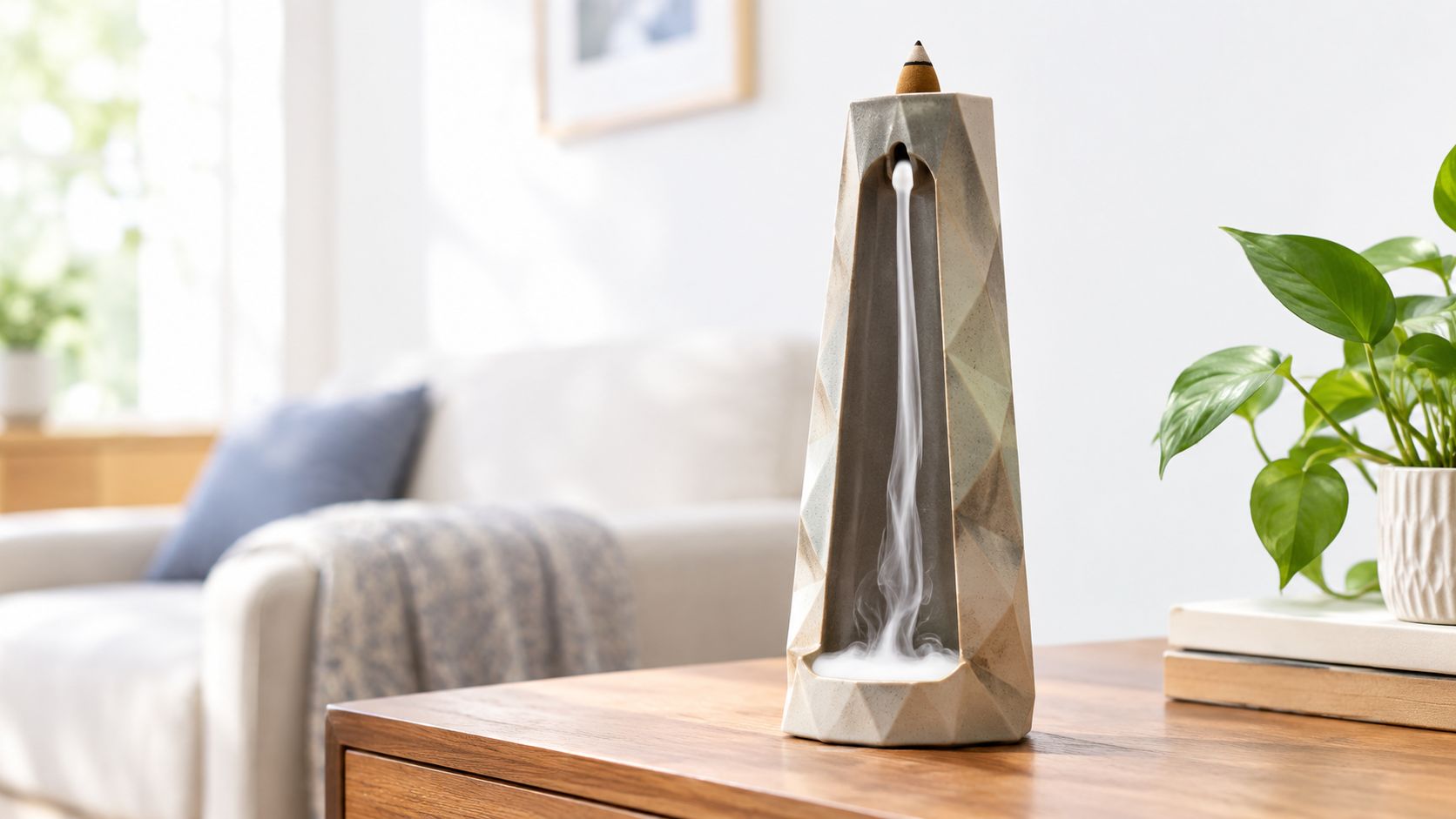 A geometric ceramic backflow incense burner on a wooden table with smoke cascading downwards inside its hollow interior.