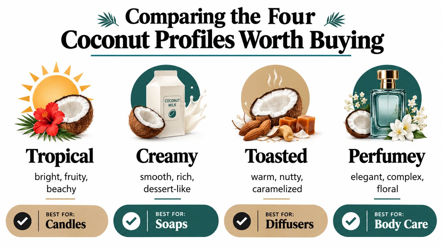 An infographic comparing four coconut fragrance profiles: tropical, creamy, toasted, and perfumey with their recommended product uses.