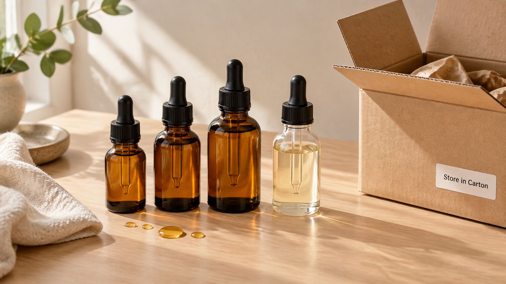 Four glass dropper bottles with skincare oils displayed on a wooden table next to a cardboard shipping box.