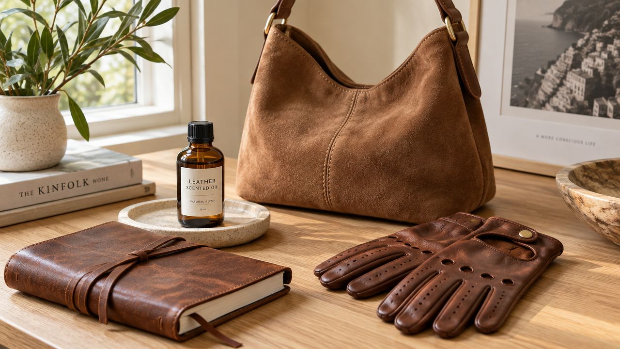A rustic wooden desk featuring a brown suede handbag, leather gloves, a notebook, and leather scented oil.