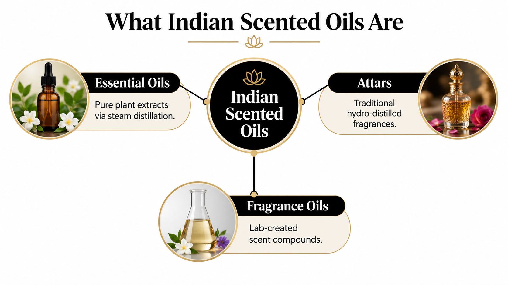 An infographic titled What Indian Scented Oils Are, explaining essential oils, attars, and fragrance oils.