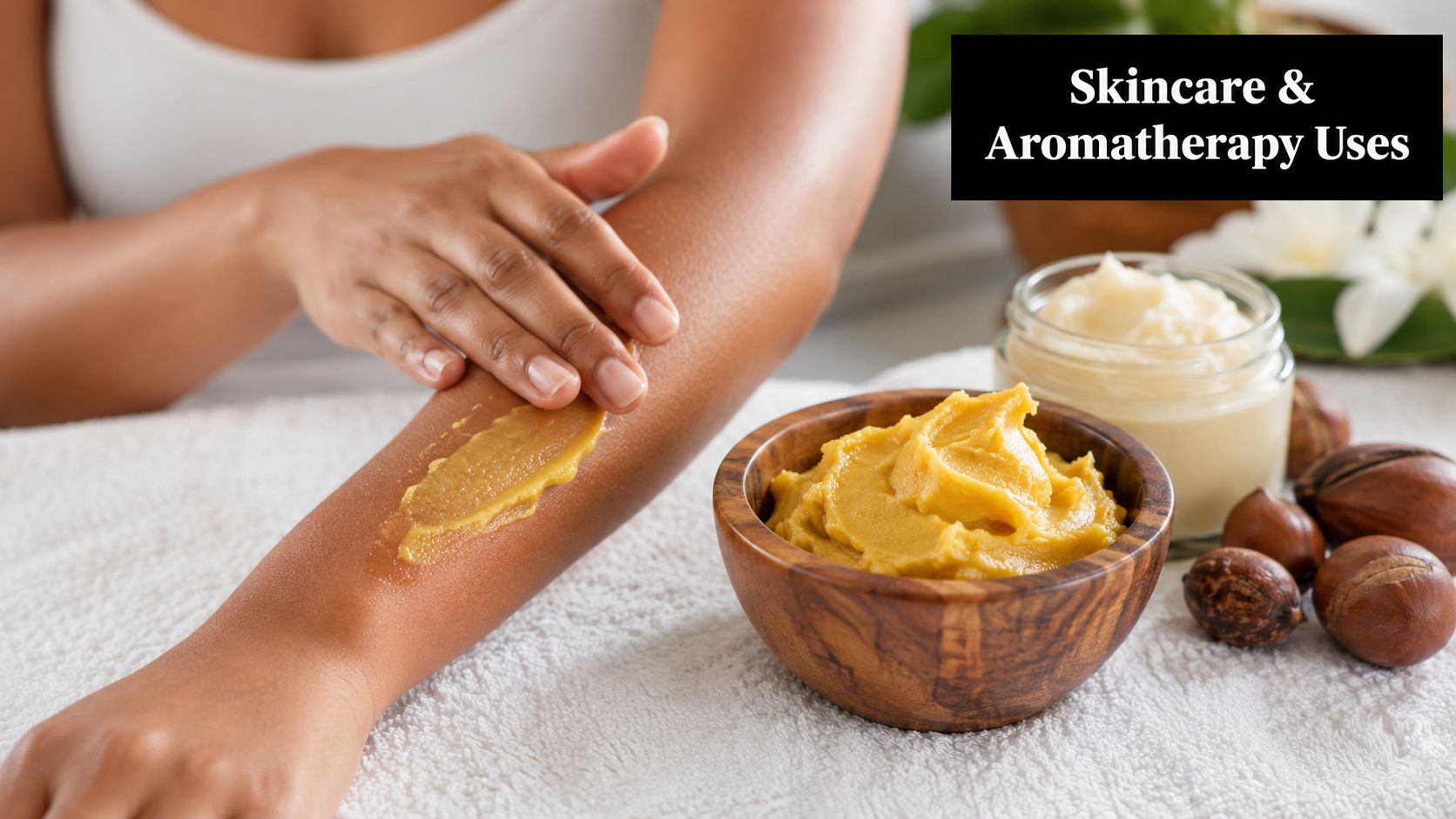A person applying golden yellow shea butter onto their arm, next to a bowl of butter.