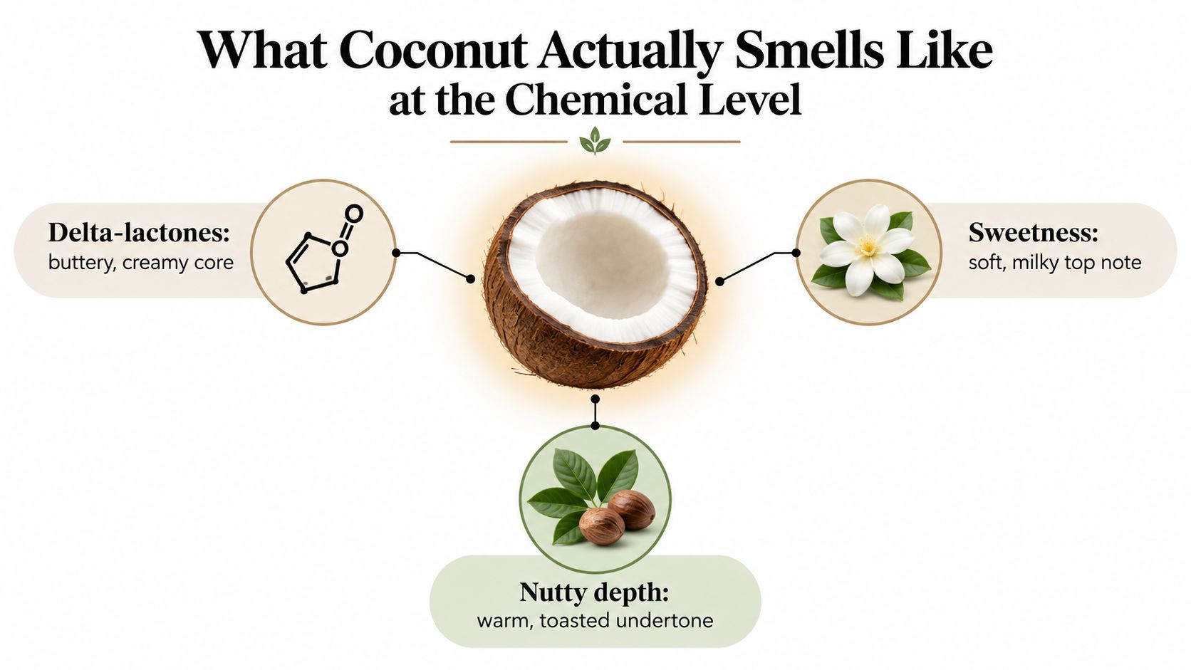 A diagram explaining the chemical components that contribute to the distinct scent profile of a fresh coconut.