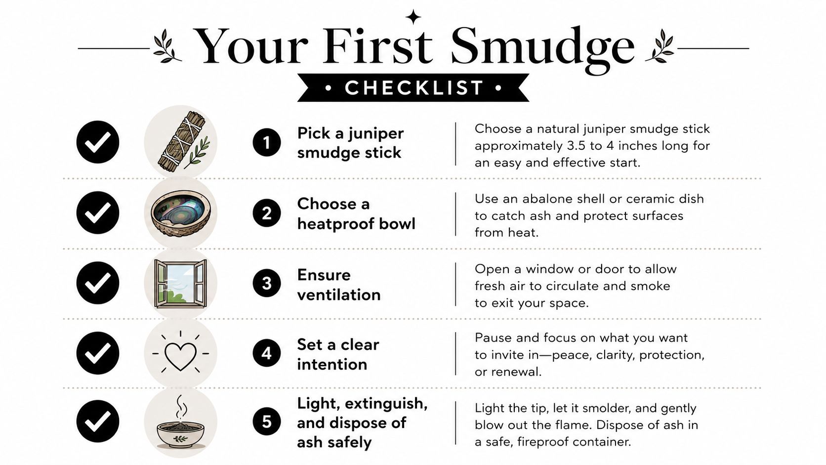 A checklist infographic titled Your First Smudge, outlining five steps for performing a smudge ritual safely.