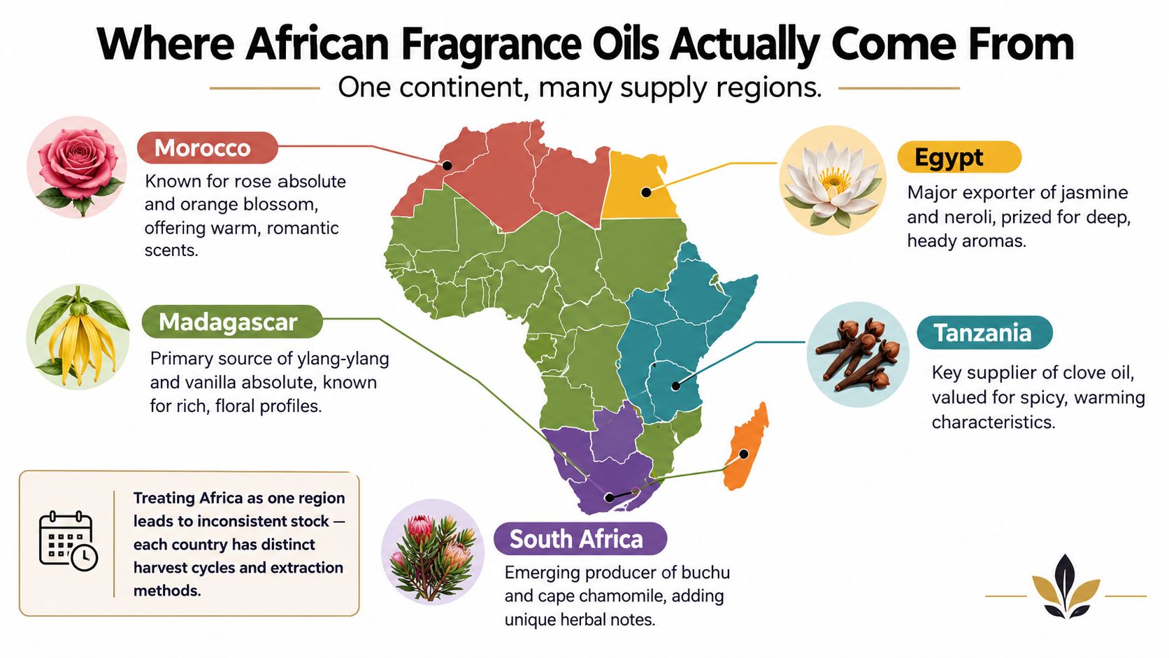 A map of Africa illustrating diverse fragrance oil supply regions including Morocco, Egypt, Tanzania, Madagascar, and South Africa.