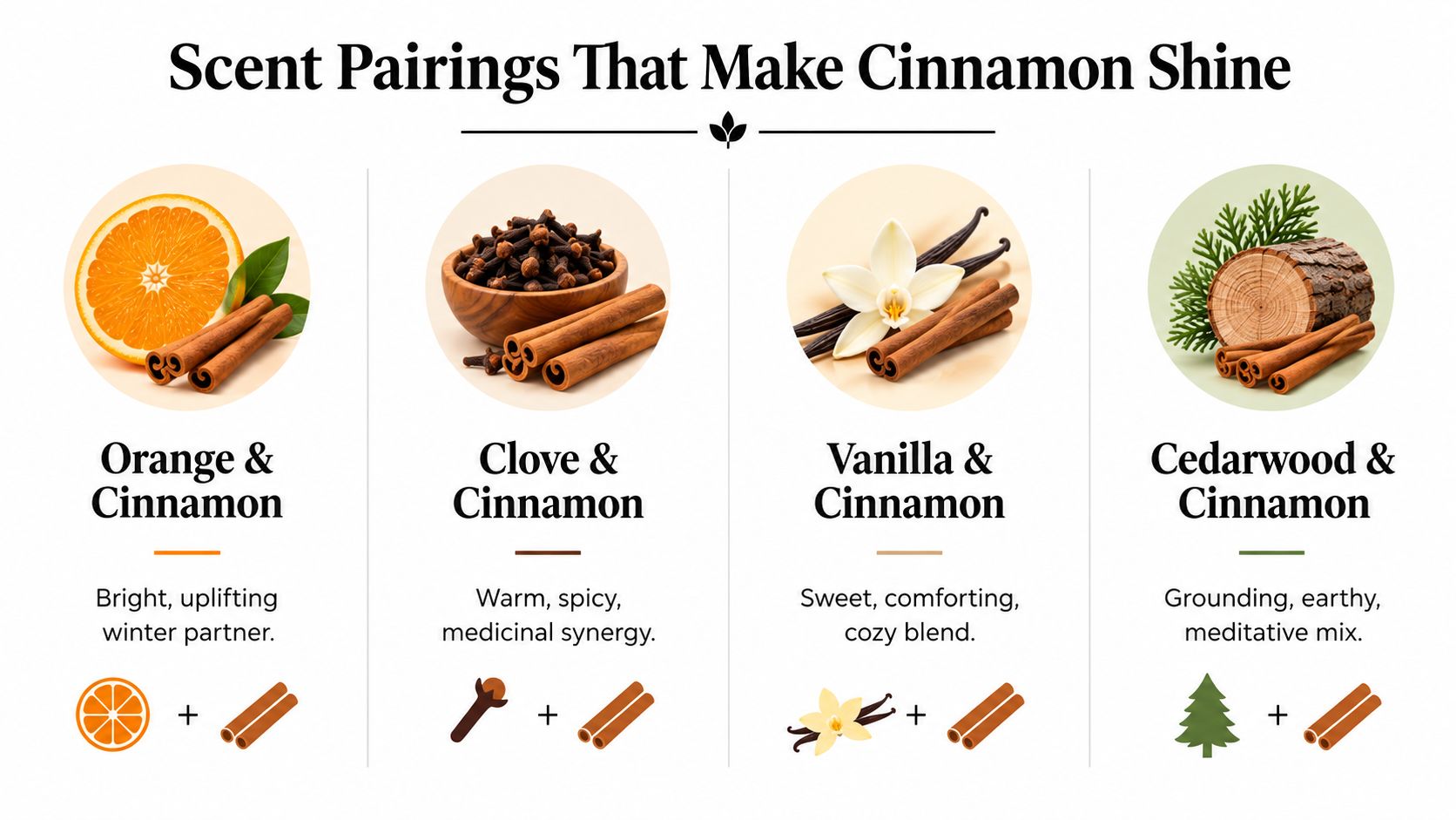A graphic illustration showing four scent pairings for cinnamon including orange, clove, vanilla, and cedarwood.