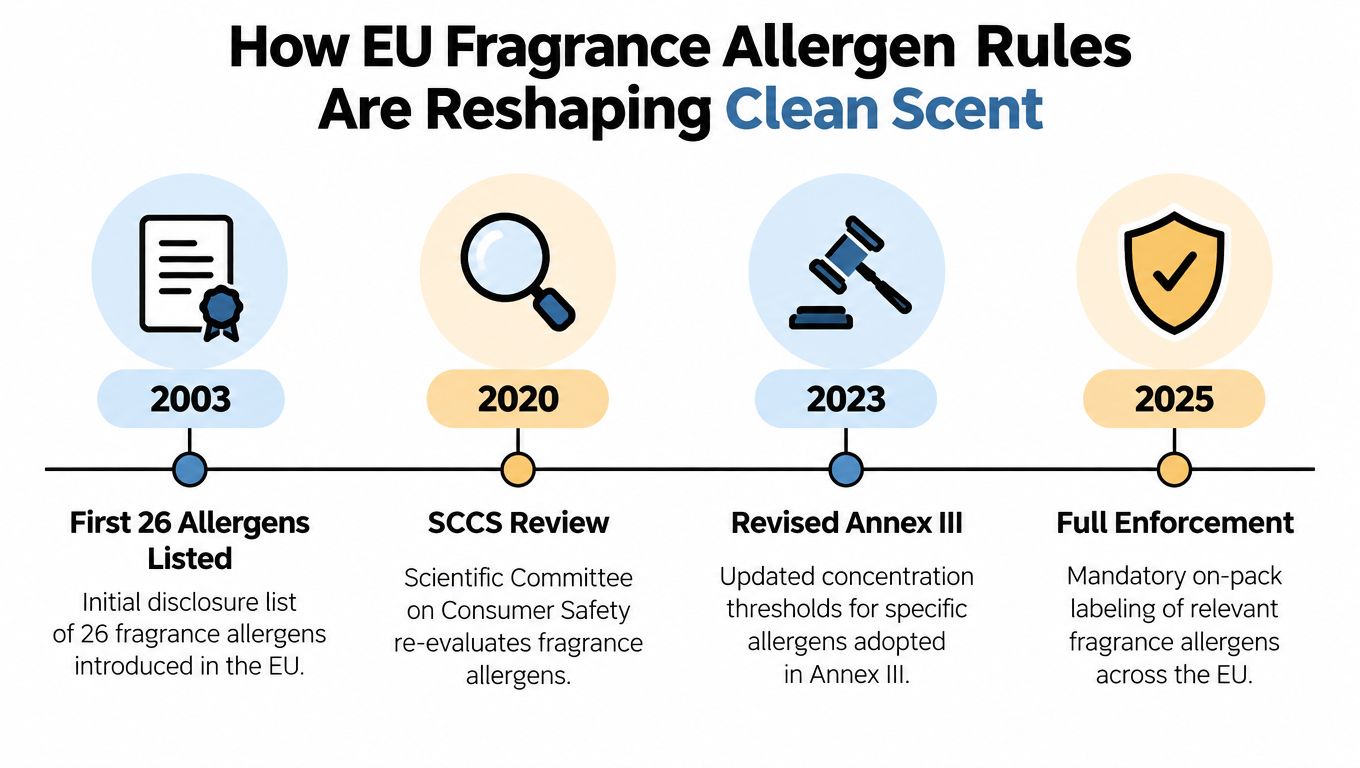 A timeline graphic showing the evolution of EU fragrance allergen regulations from 2003 to 2025.