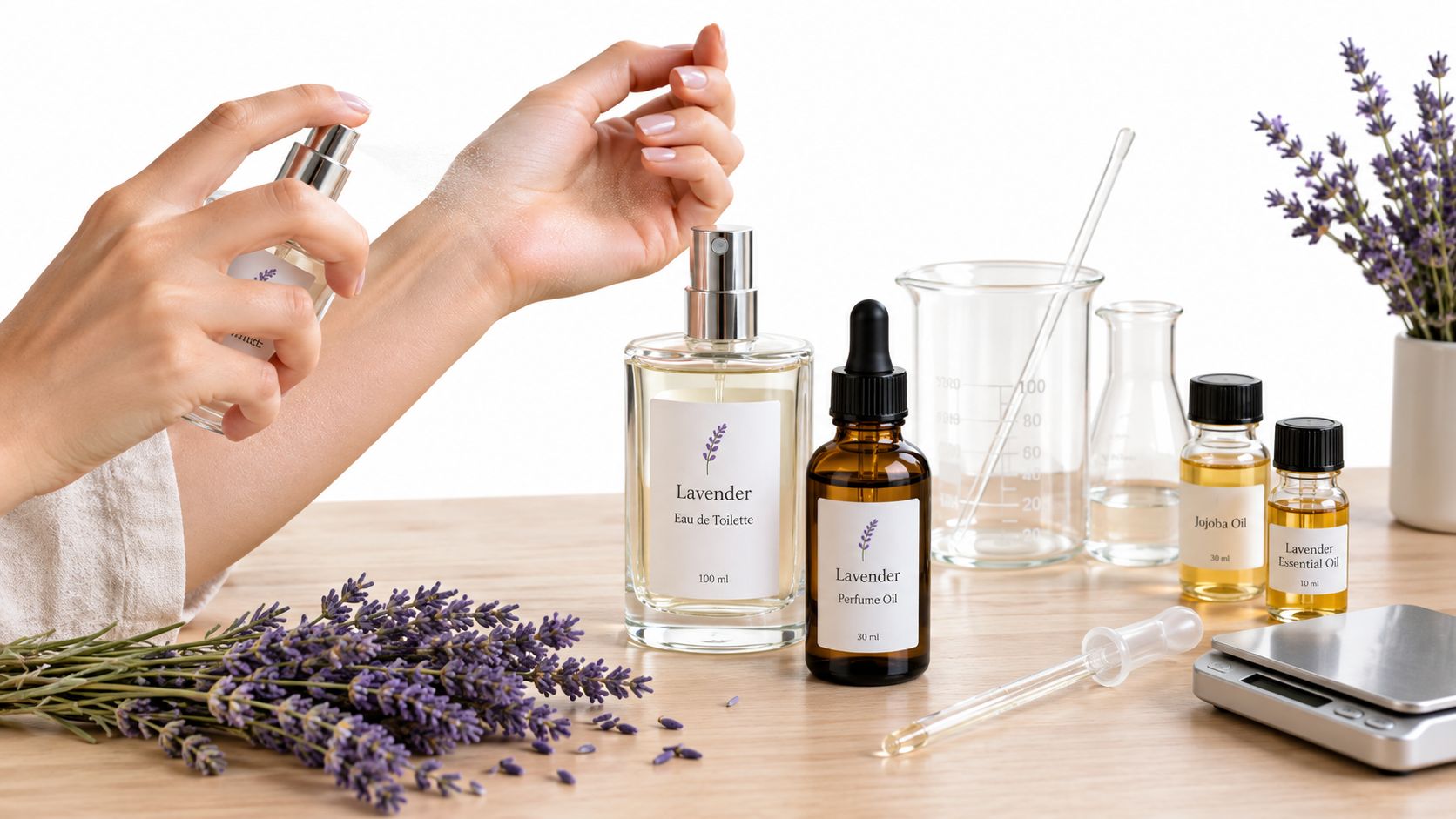A woman spraying lavender perfume onto her wrist next to essential oils and fresh lavender flowers.