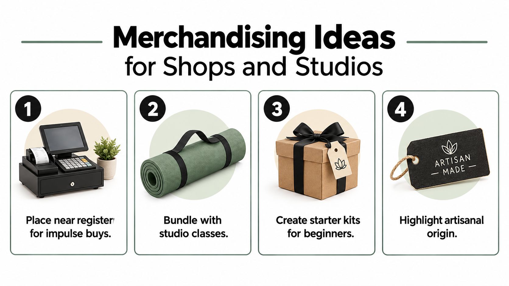 A four-step graphic guide showing merchandising ideas for small shops and yoga or wellness studios.