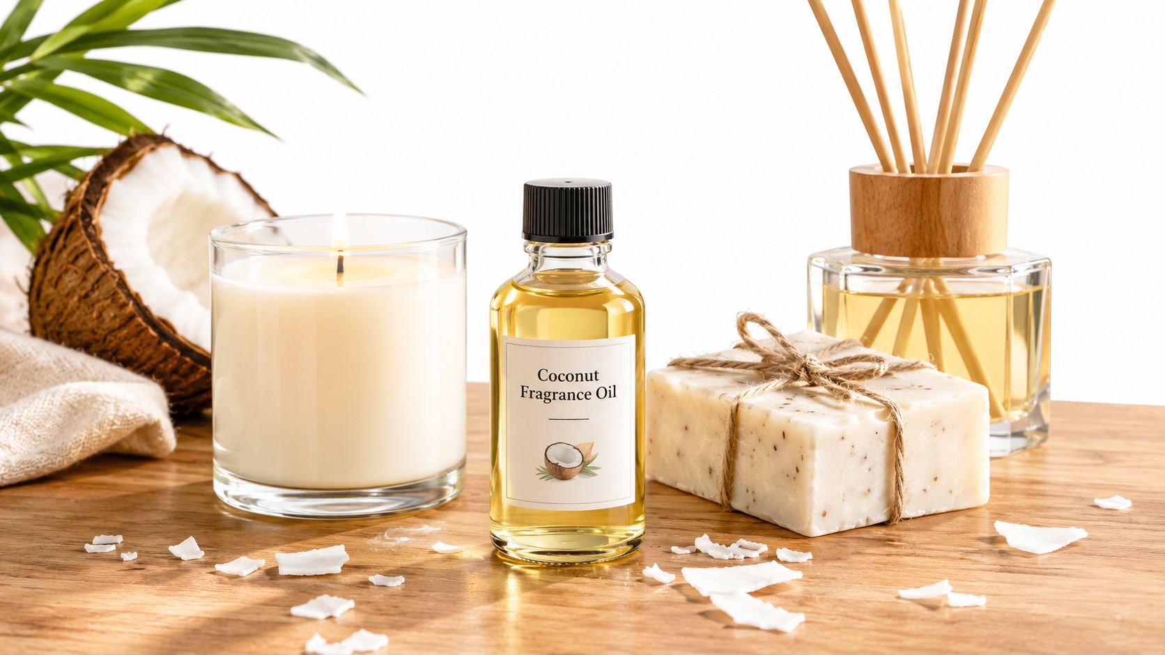 A glass bottle of coconut fragrance oil surrounded by a lit candle, soap, and coconut pieces.