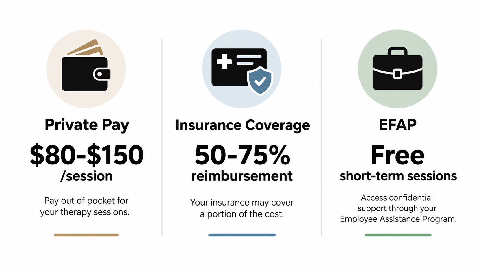 A diagram comparing three payment options for therapy: private pay, insurance coverage, and employee assistance programs.