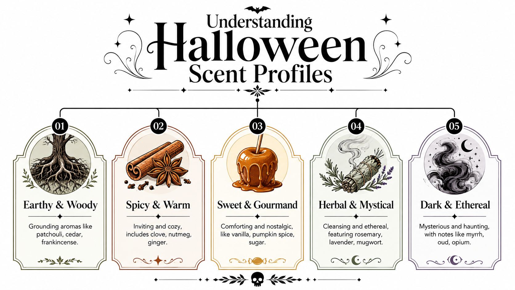 A decorative infographic titled Understanding Halloween Scent Profiles with five distinct categories of seasonal autumn fragrances.