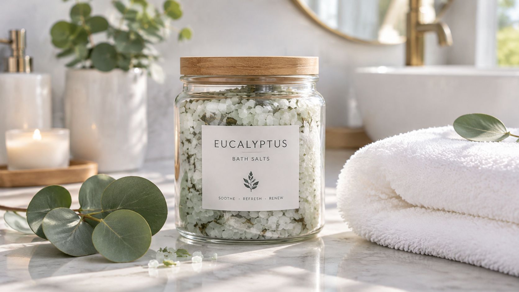 A glass jar of eucalyptus bath salts with a wooden lid sits on a marble countertop nearby.