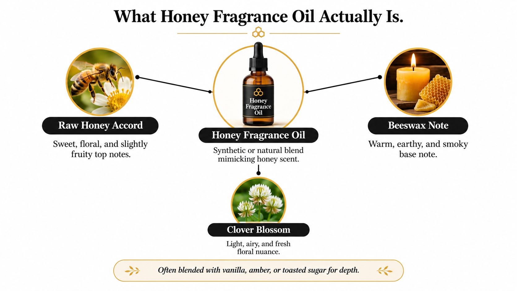 An infographic explaining that honey fragrance oil is a blend of raw honey, beeswax, and clover blossom scents.