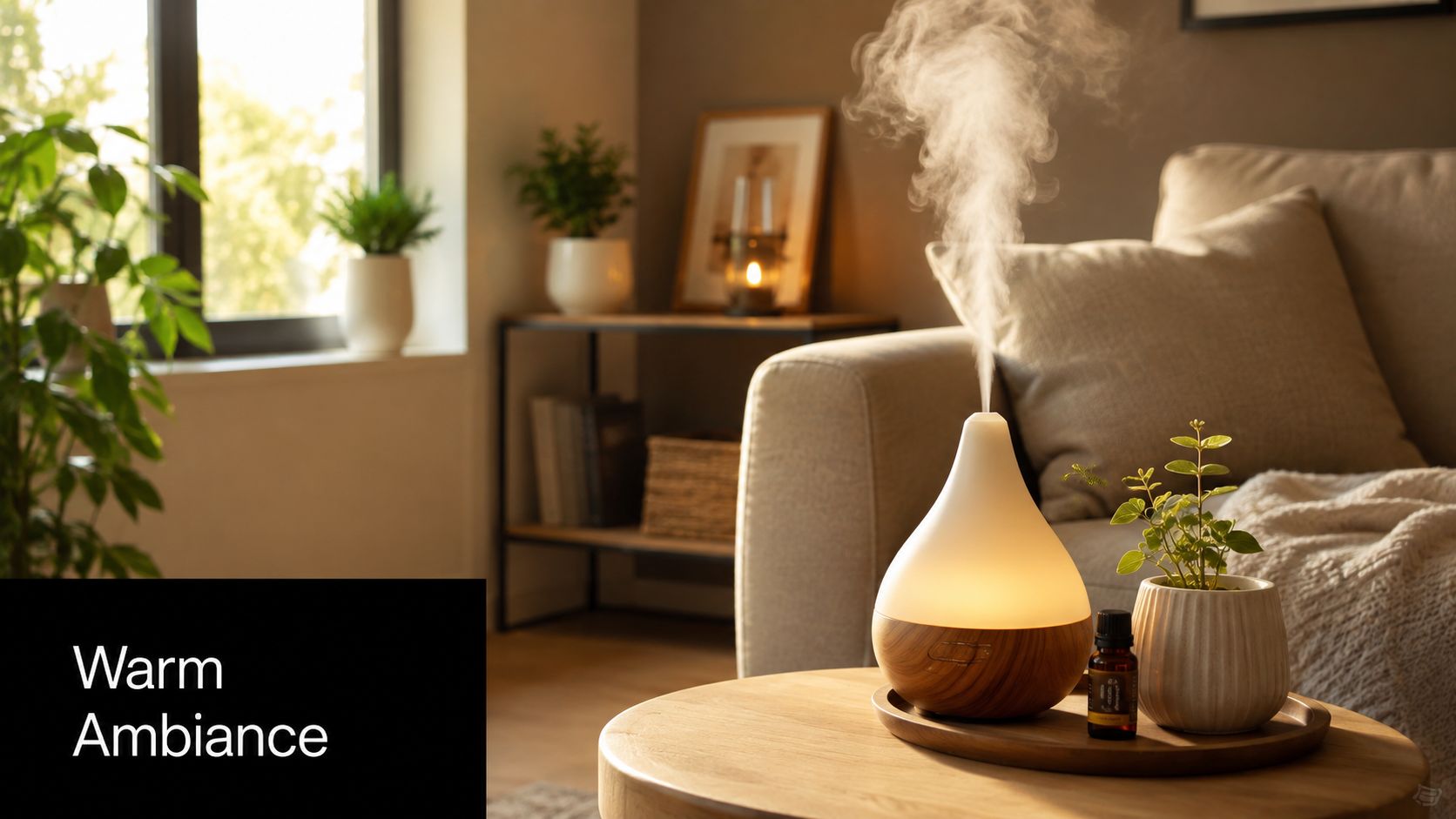 A wooden essential oil diffuser emitting mist on a living room table next to a small plant.