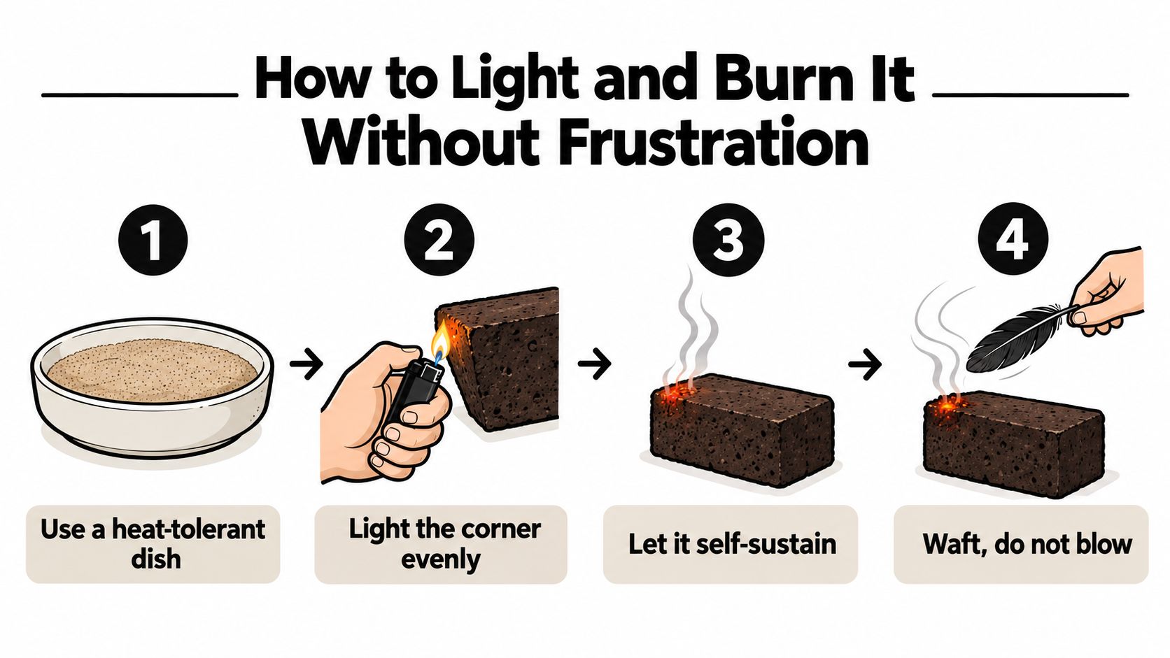 An illustrated guide demonstrating four simple steps to safely light and burn Santa Fe incense bricks.