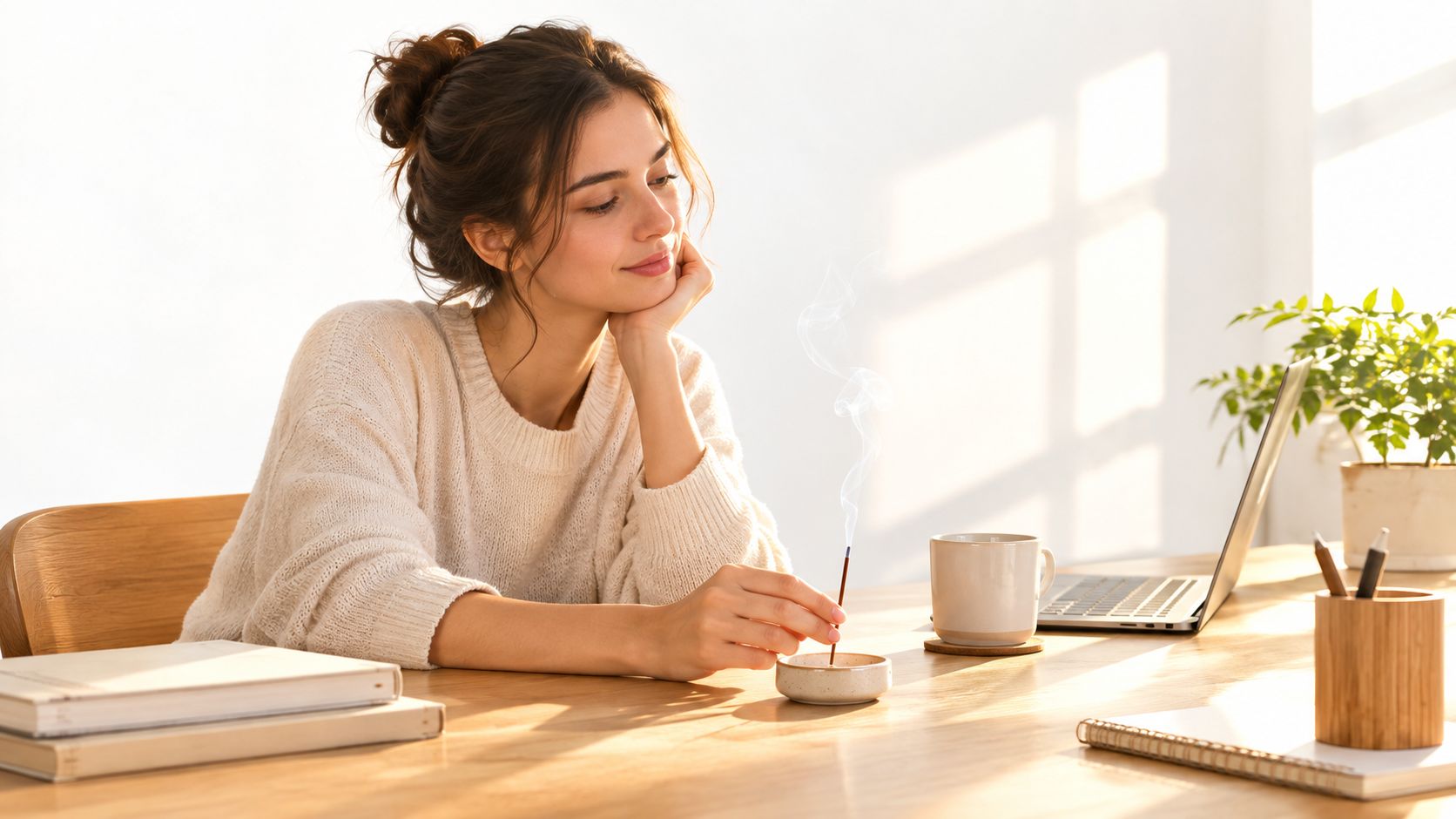 A woman in a cozy sweater relaxing at her desk while burning incense with soft sunlight streaming in.