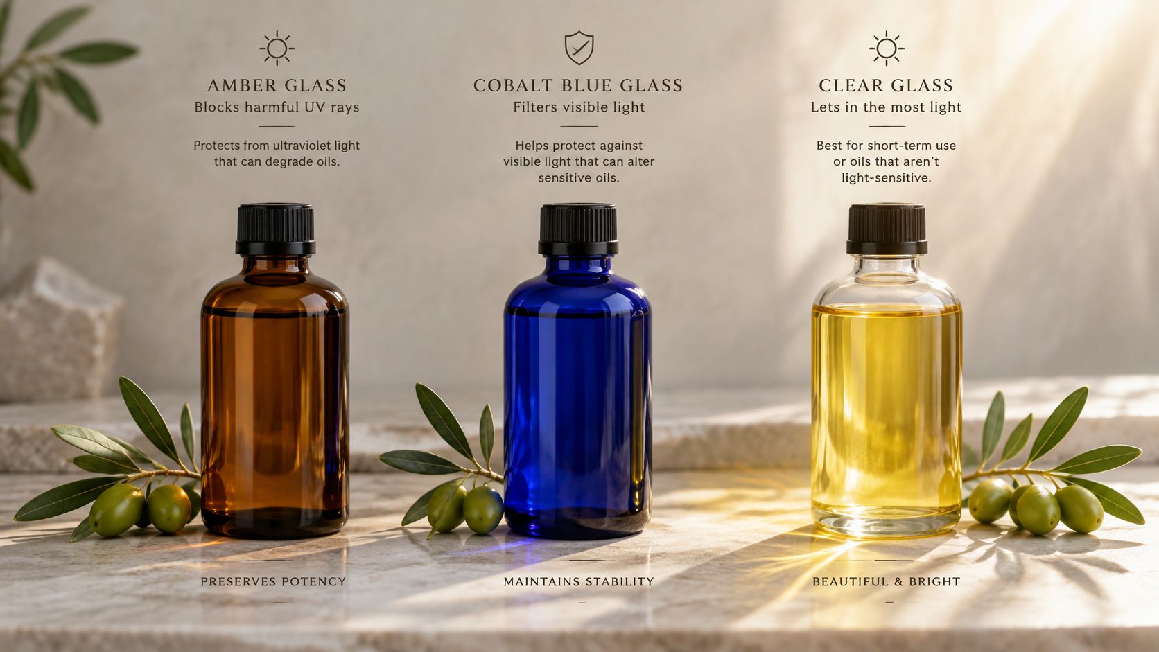 Three glass bottles in amber, blue, and clear, each displayed with olive branches on a marble surface.