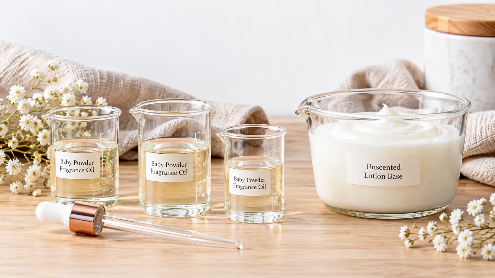 Glass beakers filled with baby powder fragrance oil and a large bowl of unscented lotion base.