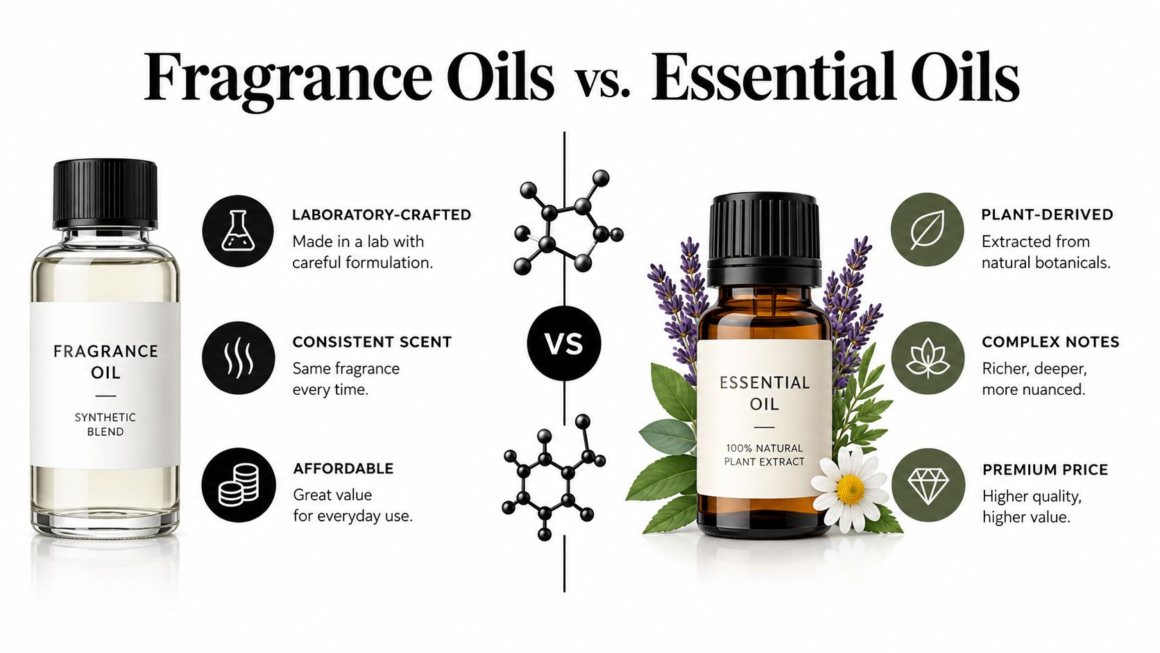 A comparison infographic showing the key differences between synthetic fragrance oils and natural plant-derived essential oils.