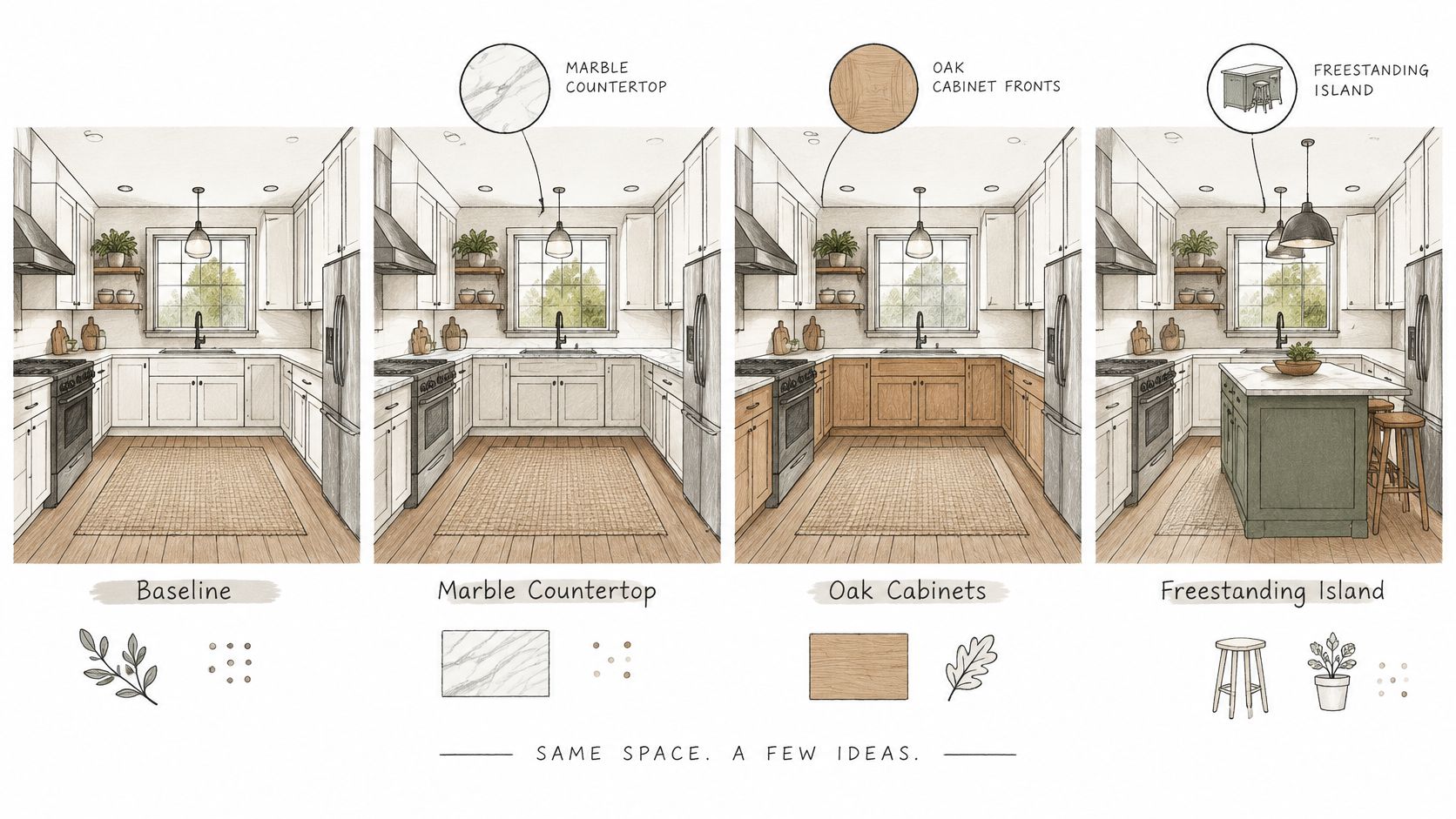 Four different kitchen design variations showing baseline, marble countertops, oak cabinets, and a freestanding island layout.
