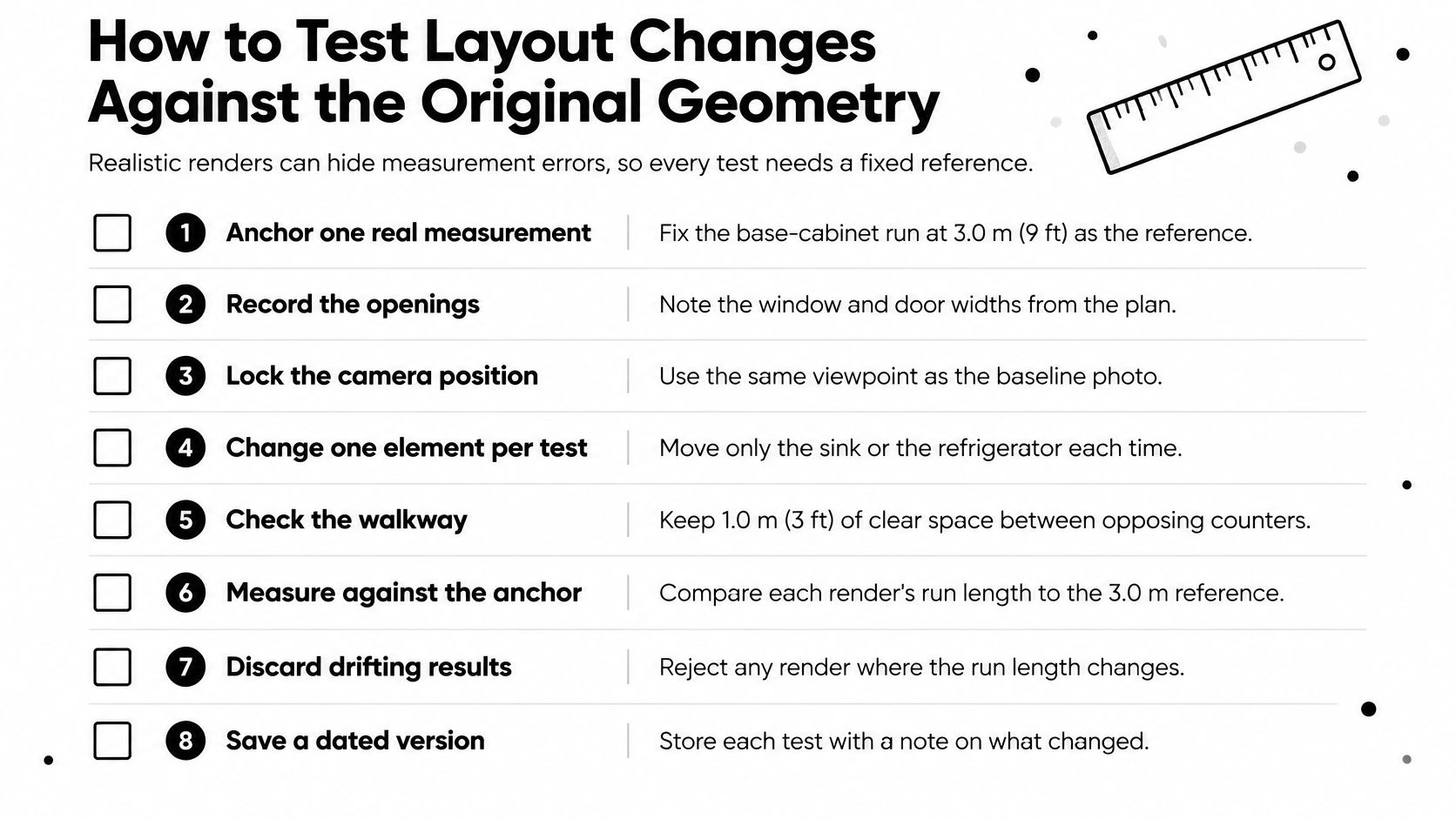 A checklist infographic titled How to Test Layout Changes Against the Original Geometry for interior designers.