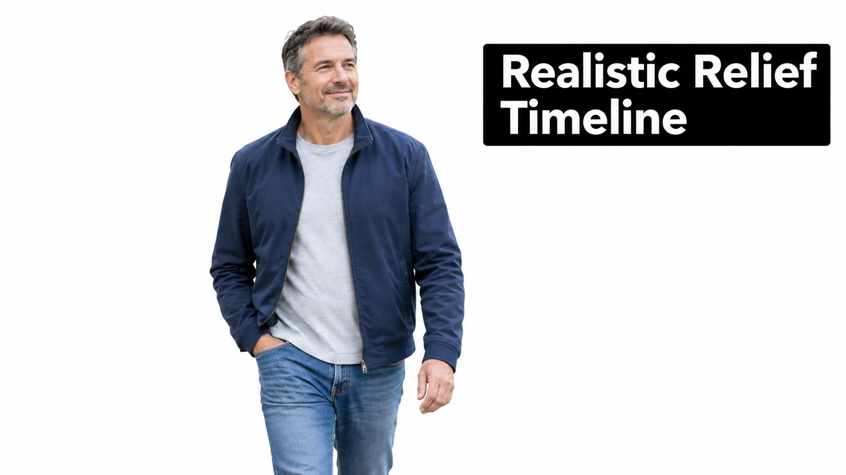 A middle-aged man in a blue jacket walking confidently, symbolizing recovery and wellness after treatment.