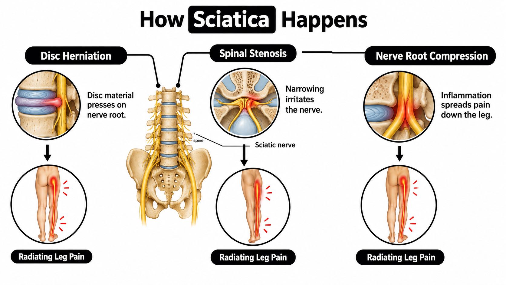 A medical infographic showing three common causes of sciatica including disc herniation, spinal stenosis, and nerve compression.