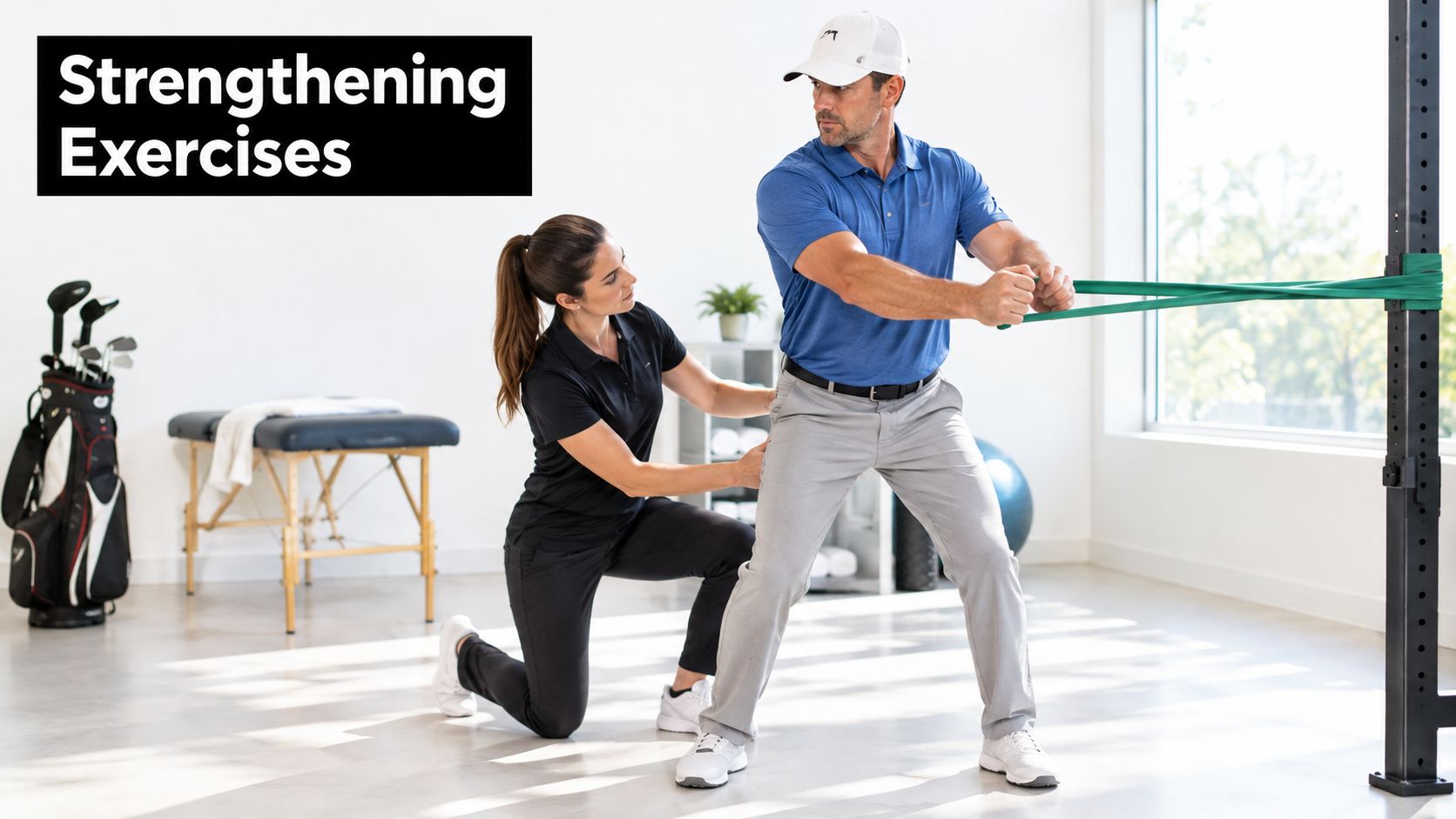 A physical therapist guiding a golfer during a resistance band exercise for arm and shoulder strength.
