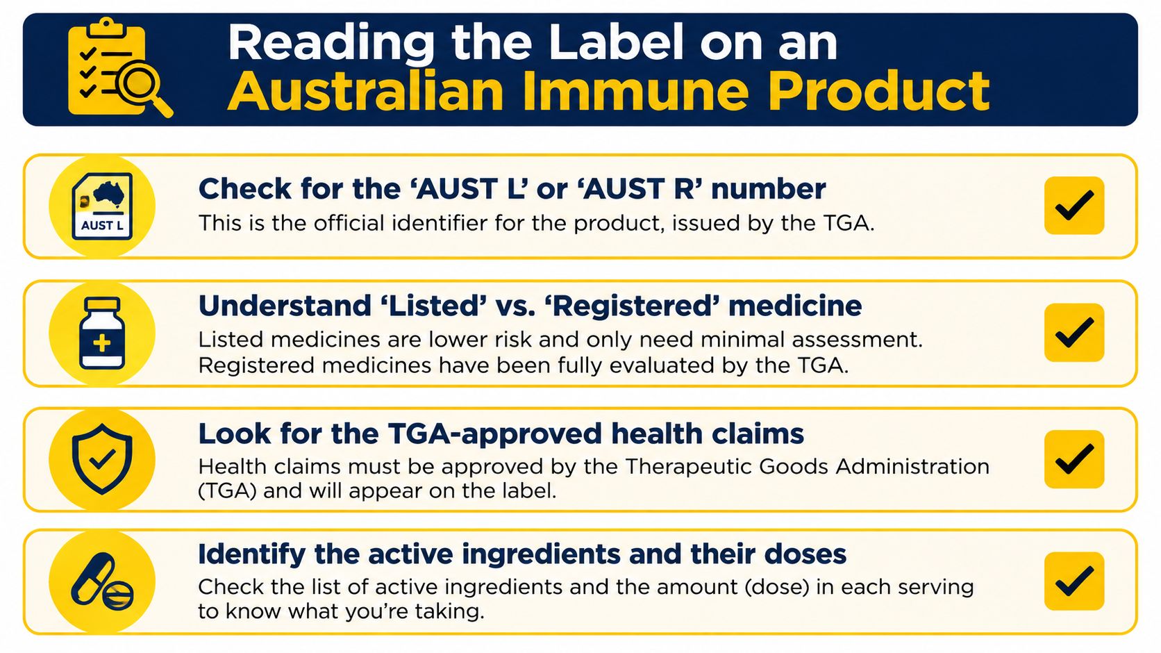 An infographic guiding consumers on how to read labels on Australian immune support products.