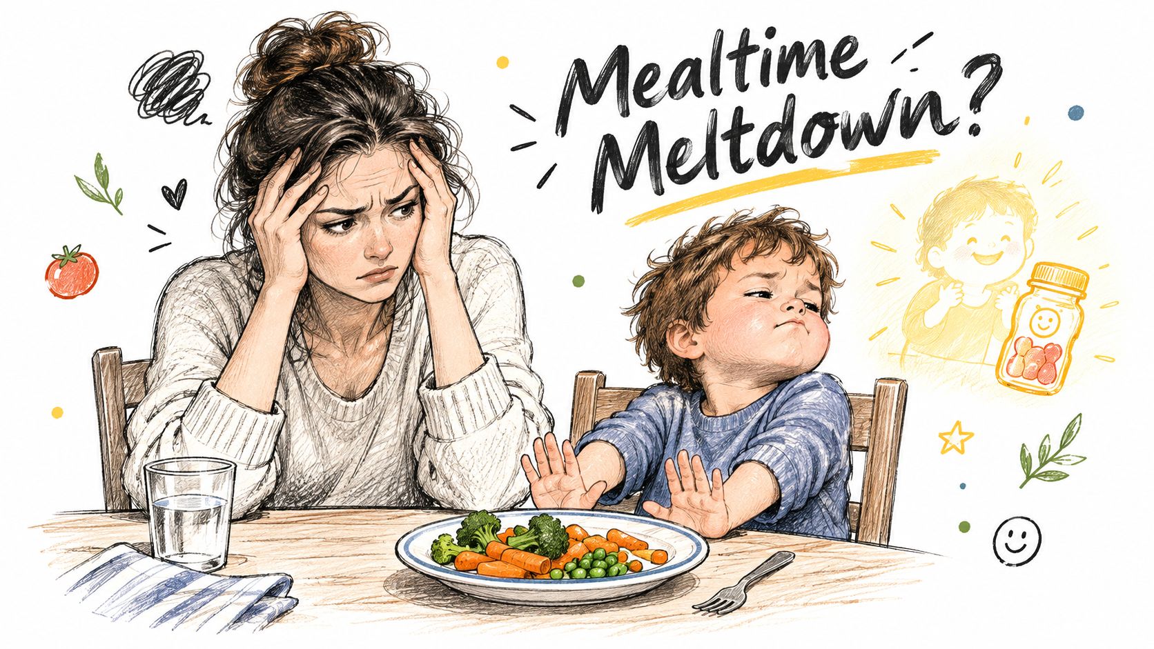 A frustrated mother sits at a table while her toddler refuses to eat vegetables, favoring gummy vitamins.