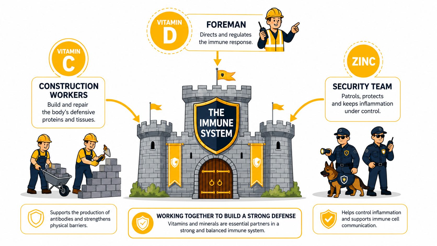 An infographic showing the immune system as a fortress protected by vitamins C, D, and zinc.