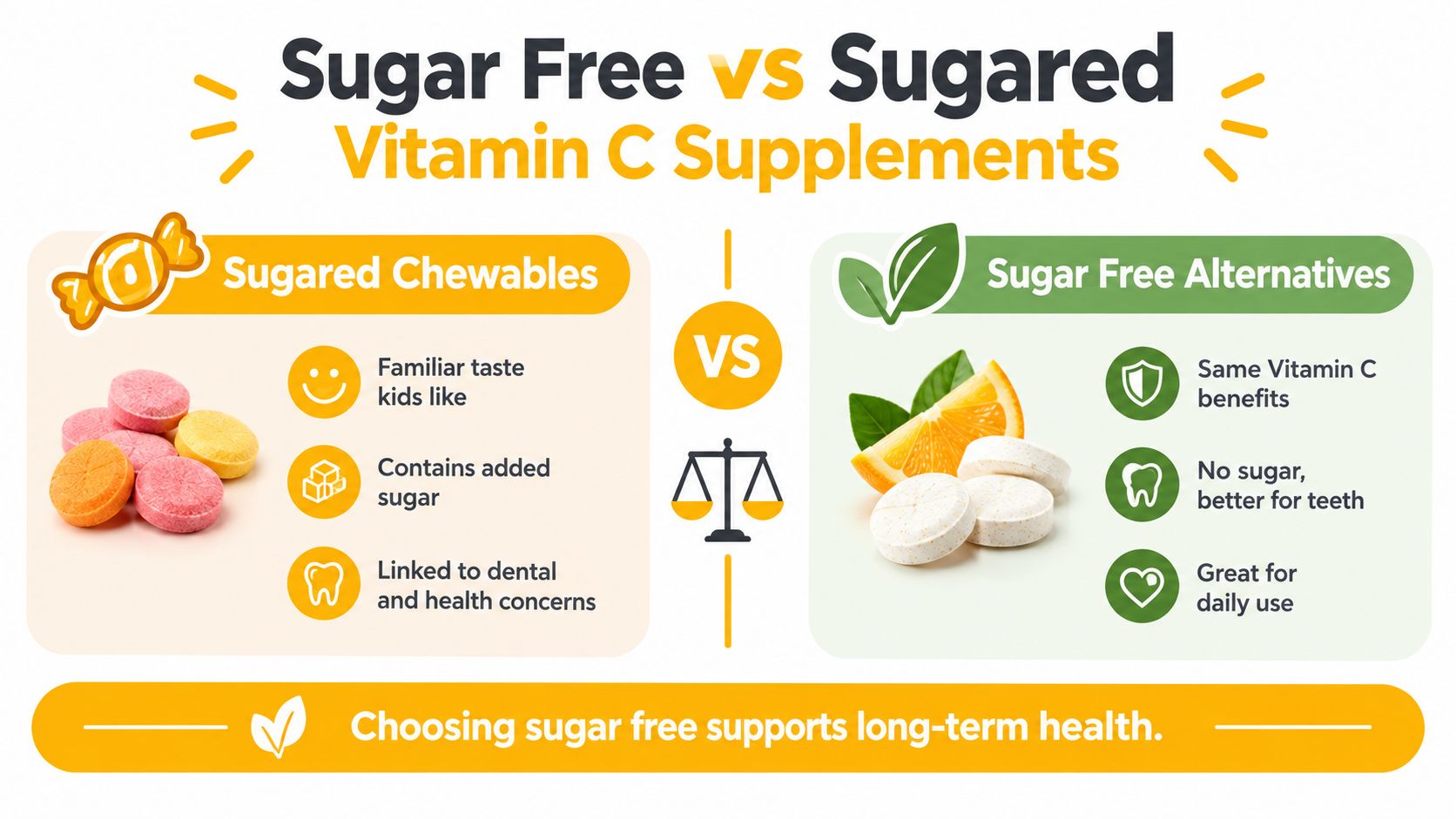 A comparative infographic highlighting the health differences between sugared chewable and sugar free vitamin C supplements.