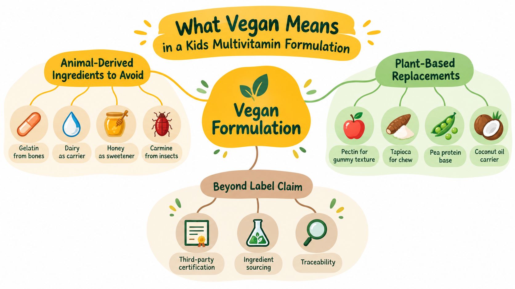 An infographic detailing vegan kids multivitamin formulations, including animal ingredients to avoid and plant-based alternatives.
