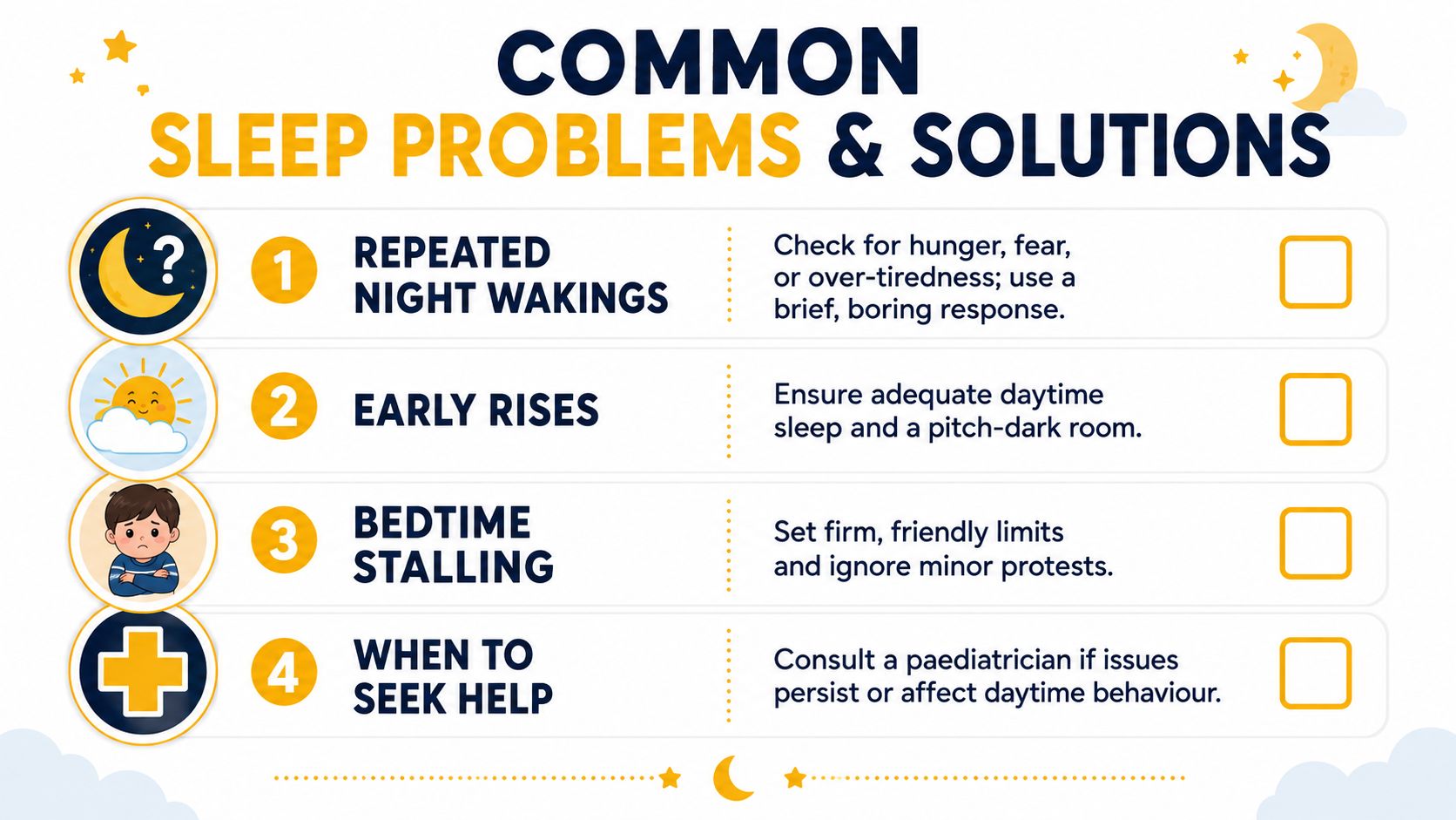 An infographic titled Common Sleep Problems & Solutions listing four tips for managing children's sleep challenges.