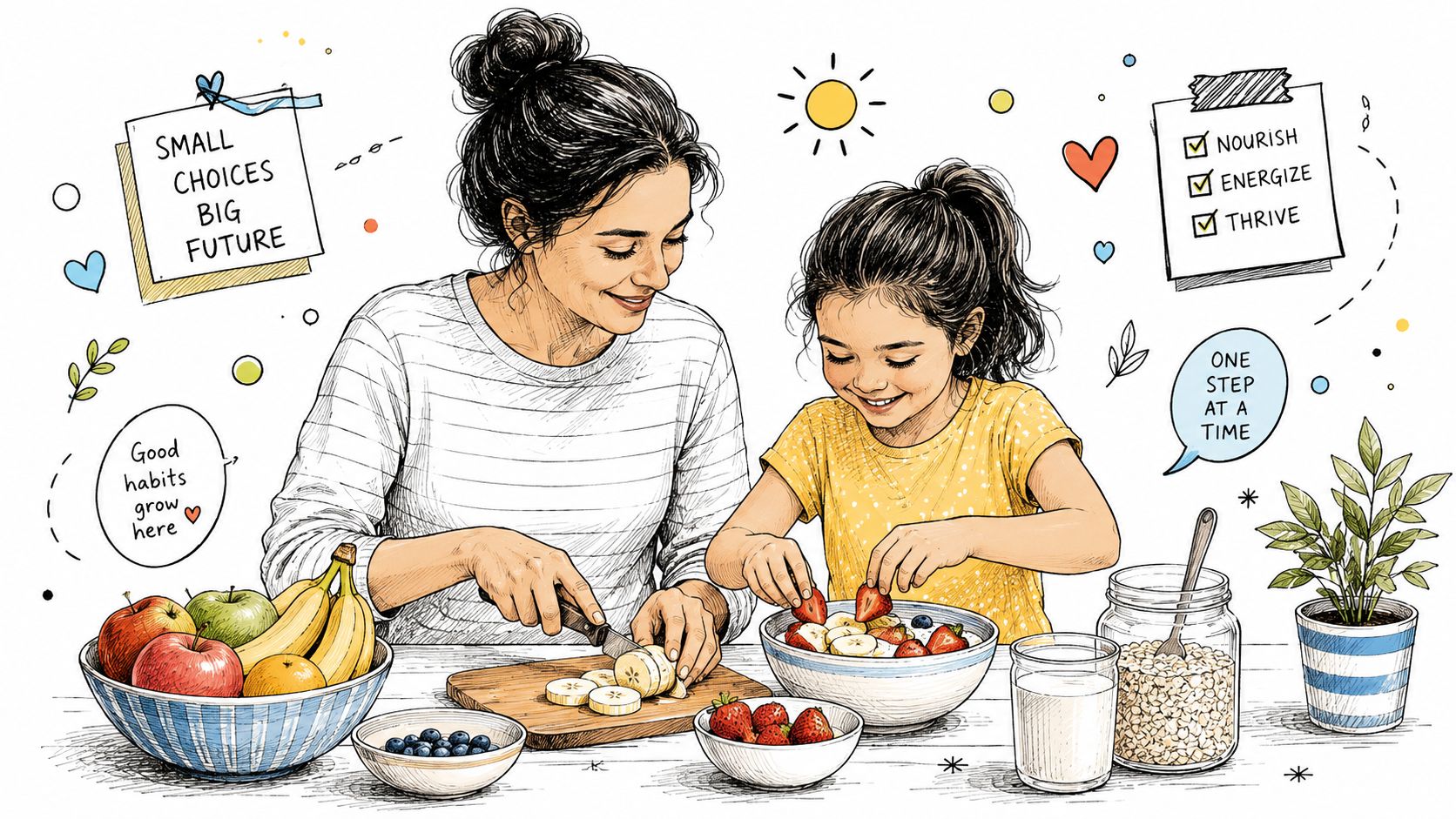 A mother and daughter happily preparing a healthy bowl of fresh fruit together in the kitchen.
