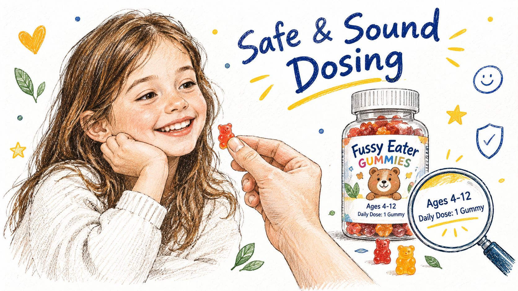 A hand giving a Fussy Eater gummy bear to a smiling young girl for daily health supplementation.