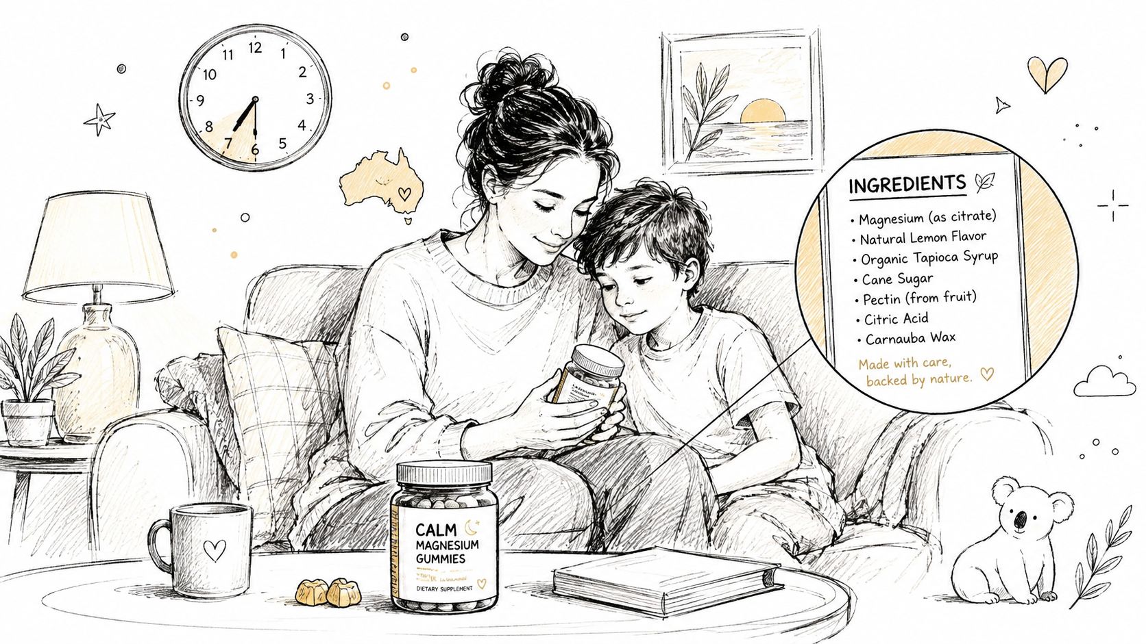 A mother and her young son sit together on a sofa holding a bottle of magnesium gummies.