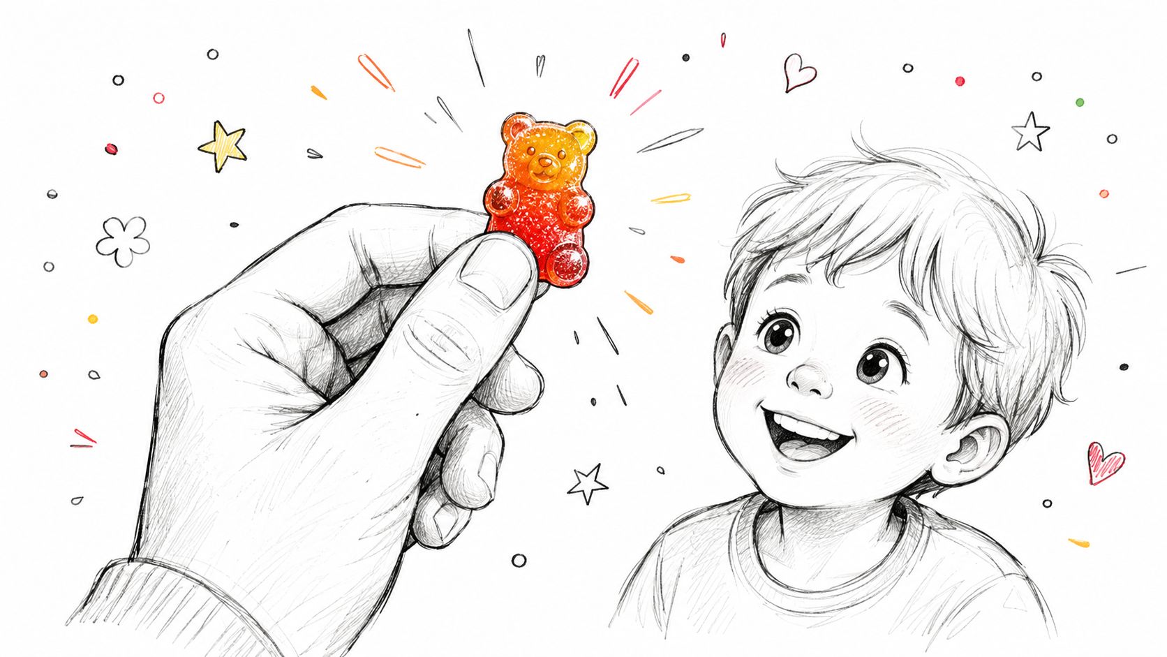 A pencil-style illustration of a hand holding a glowing gummy bear for a happy young child.