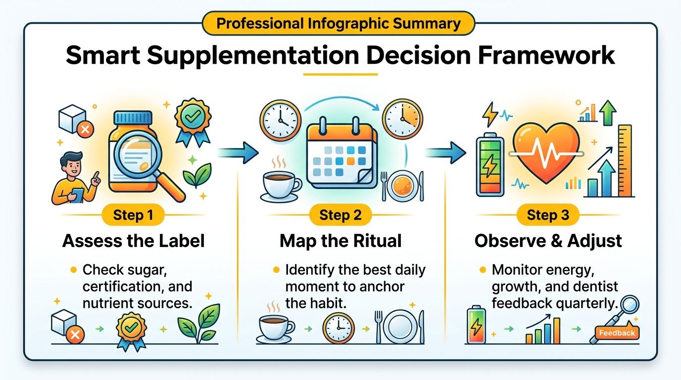 A professional infographic illustrating a three-step framework for choosing and managing kids vitamin gummies effectively.