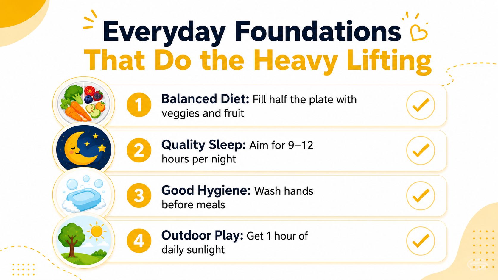 An infographic titled Everyday Foundations That Do the Heavy Lifting listing four healthy habits for children.