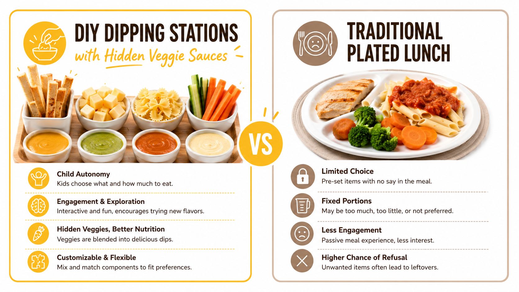 A comparison graphic showing DIY dipping stations for kids versus a traditional plated lunch for picky eaters.