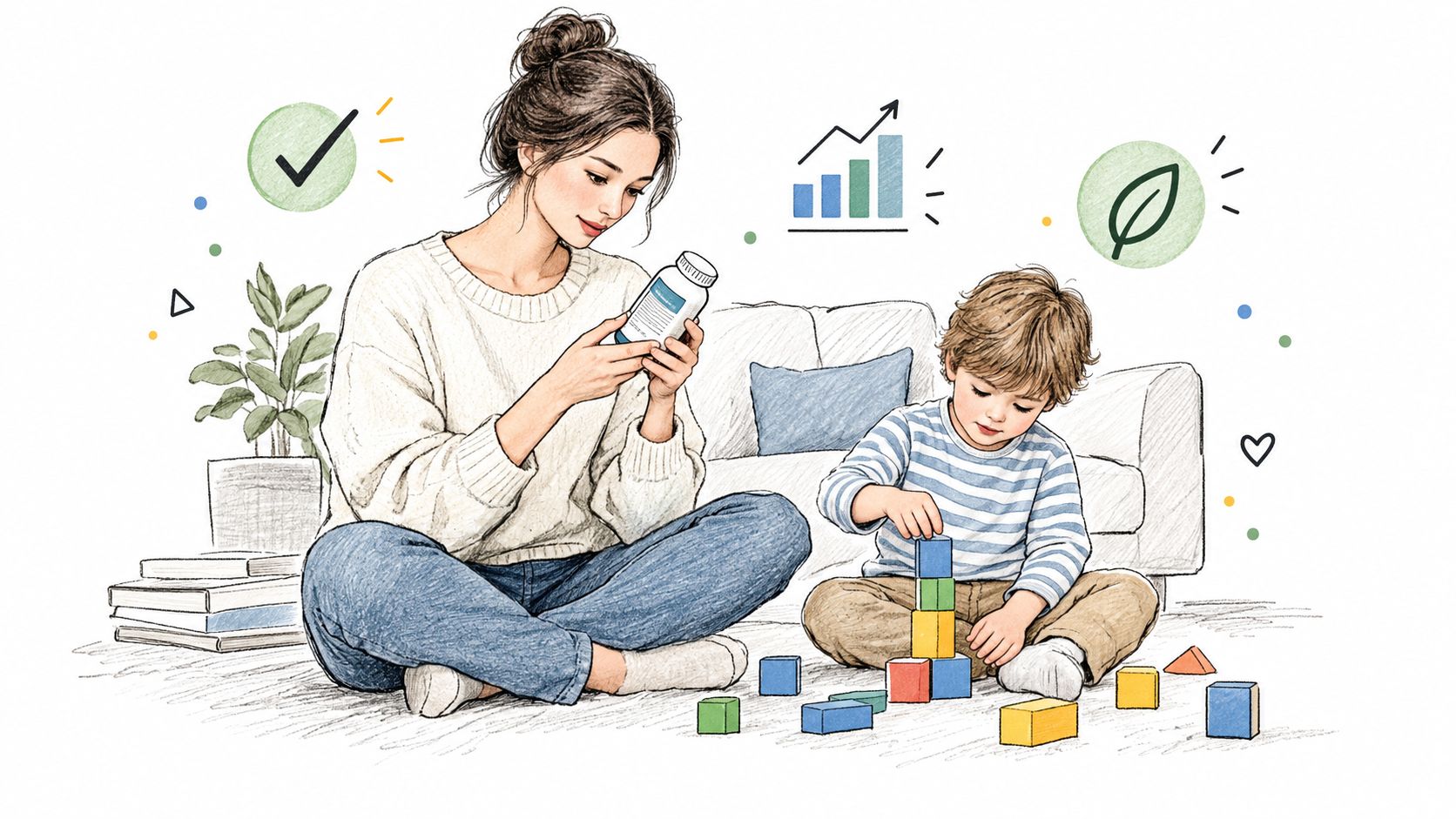 A woman holding a medicine bottle while looking at a young child playing with colorful toy blocks.