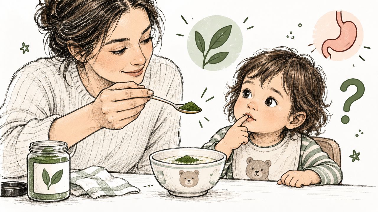 A mother feeding her toddler a healthy superfood green powder supplement during a mealtime scene.
