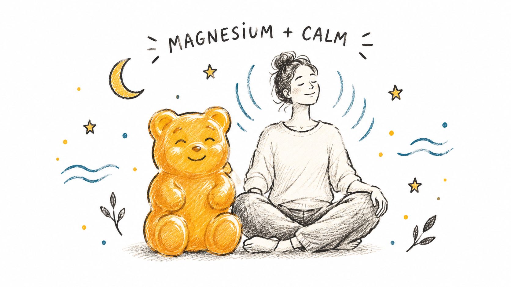 A hand-drawn illustration of a woman meditating next to a large, golden, smiling gummy bear mascot.